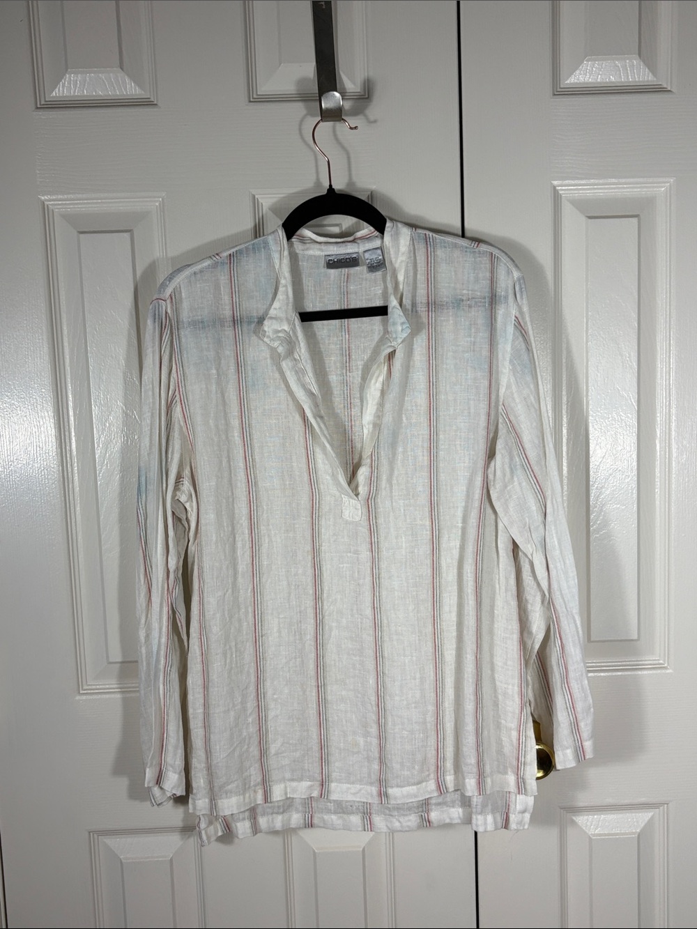 Chico's White Linen-Blend Button Down with Red & Blue Stripes